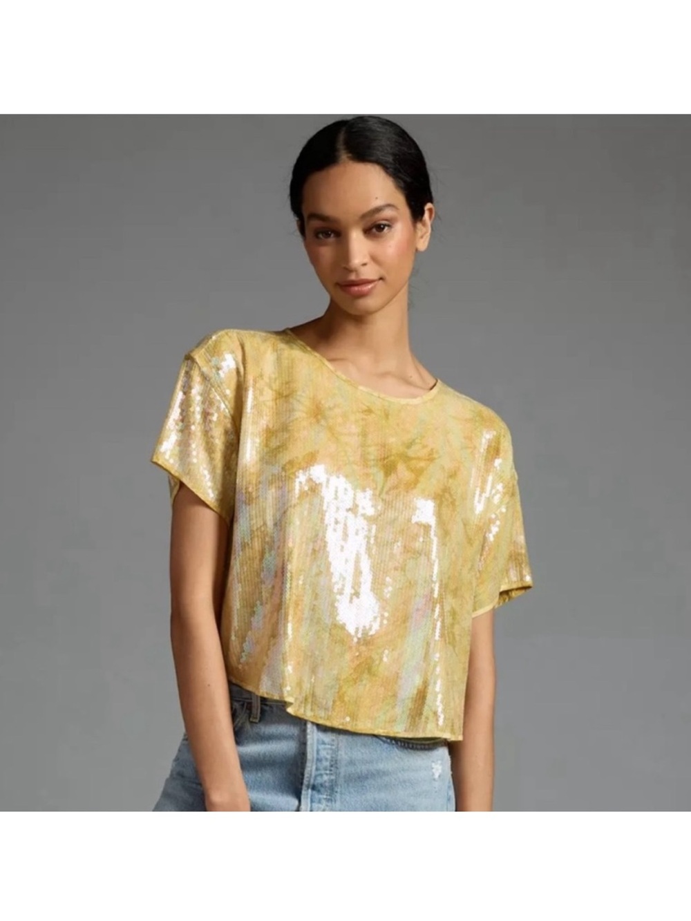 Anthropologie x Pilcro Yellow Sequin top blouse women size Small